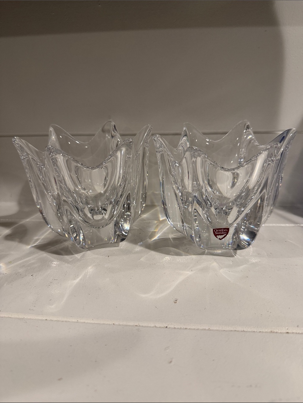 Orrefors Kosta Boda Clear Crystal Sculptural Votive Pair